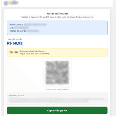Confirma&ccedil;&atilde;o do suporto acordo de renegocia&ccedil;&atilde;o de d&iacute;vida e encaminhamento para o pagamento da taxa fraudulenta via Pix