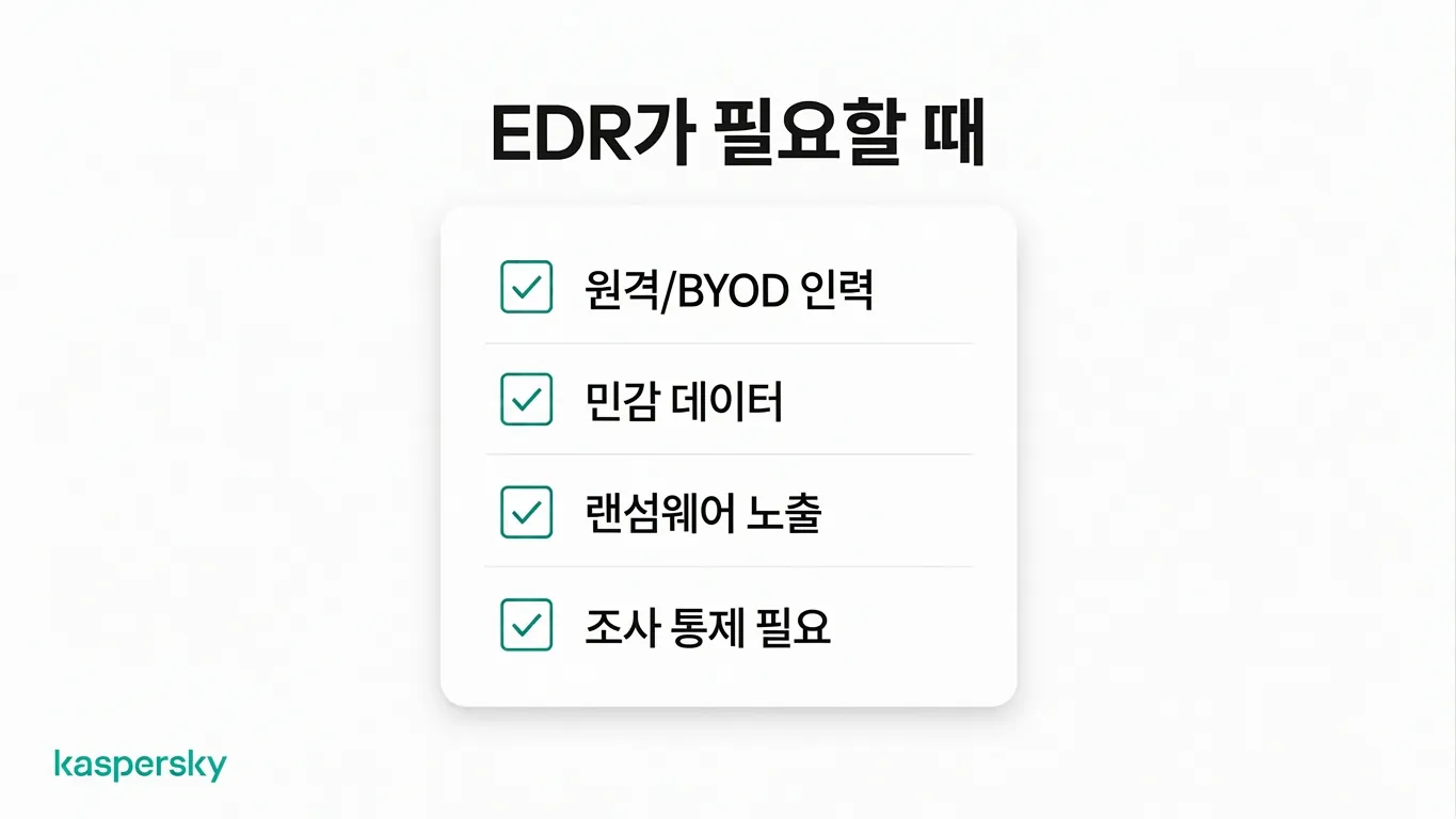 원격 근무, 민감한 데이터 취급, 랜섬웨어 노출 등 소규모 기업에서 EDR가 유용할 수 있는 경우