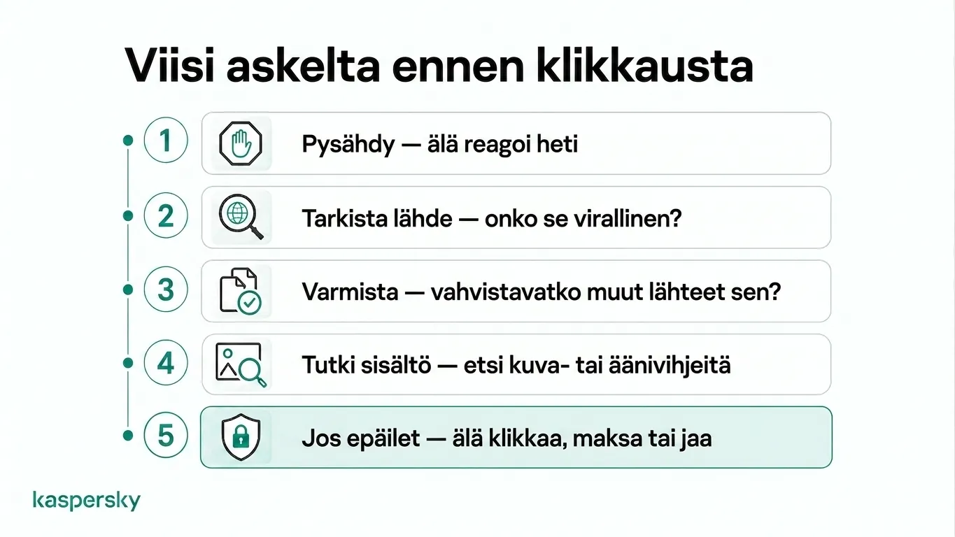 Viisivaiheinen tarkistuslista epäilyttävän sisällön varmistamiseen ennen klikkausta