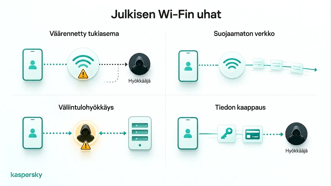 Yleisimmät julkisen Wi‑Fi:n turvallisuusuhat suoratoistettaessa FIFA World Cupia