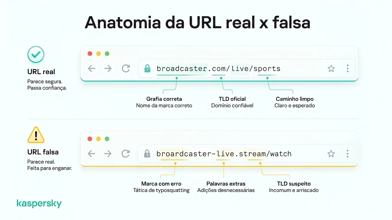 Comparação entre um link legítimo e um falso para transmissão da Copa do Mundo