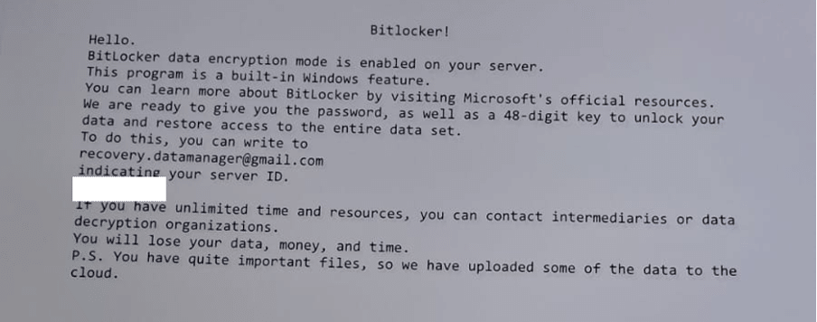 Ransomware note distributed by a threat actor during one of the attacks