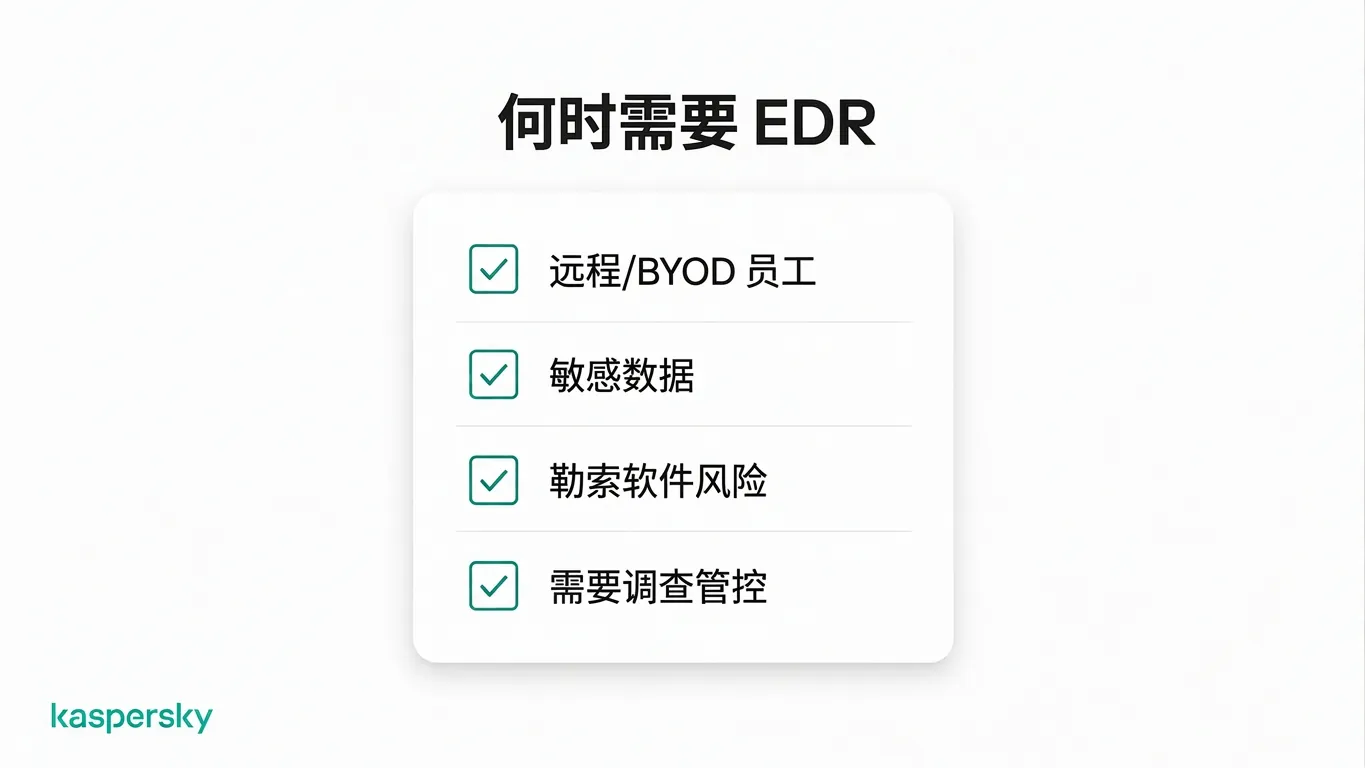 在下列情形下,EDR 对小型企业更有意义:包括远程办公、处理敏感数据及面临勒索软件风险的场景