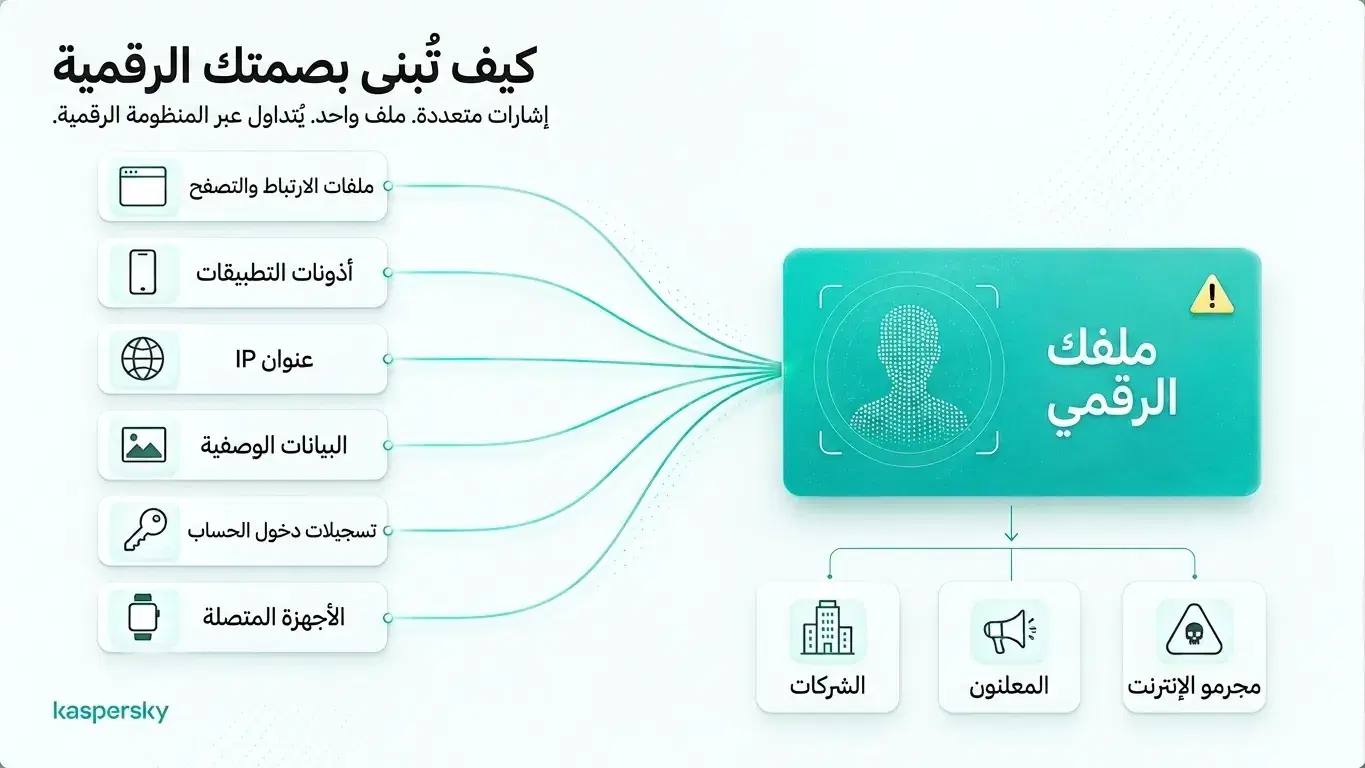Digital profile built from browsing data, app permissions, IP addresses, metadata, and connected devices