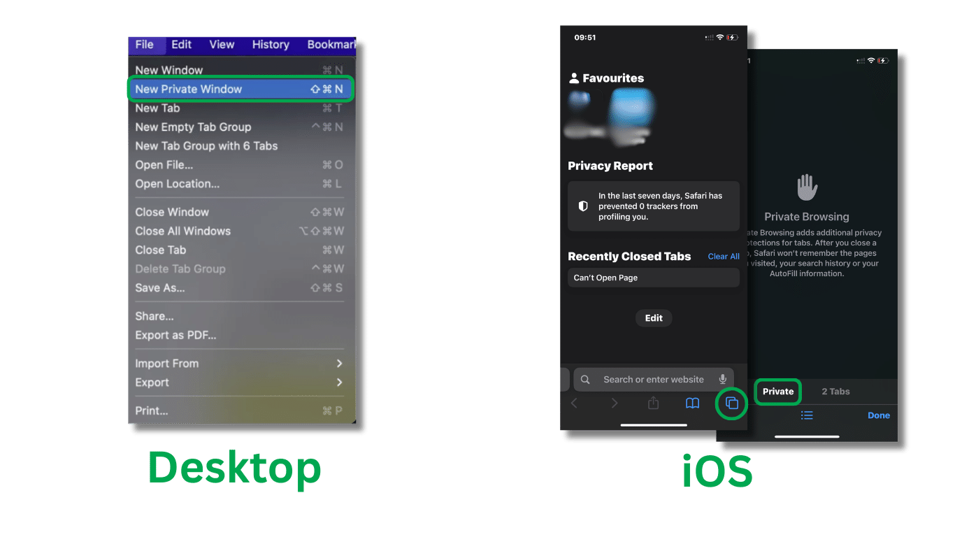Safari on Mac with the File menu open and New Private Window highlighted, alongside Safari on iOS with the Private tab group selected.