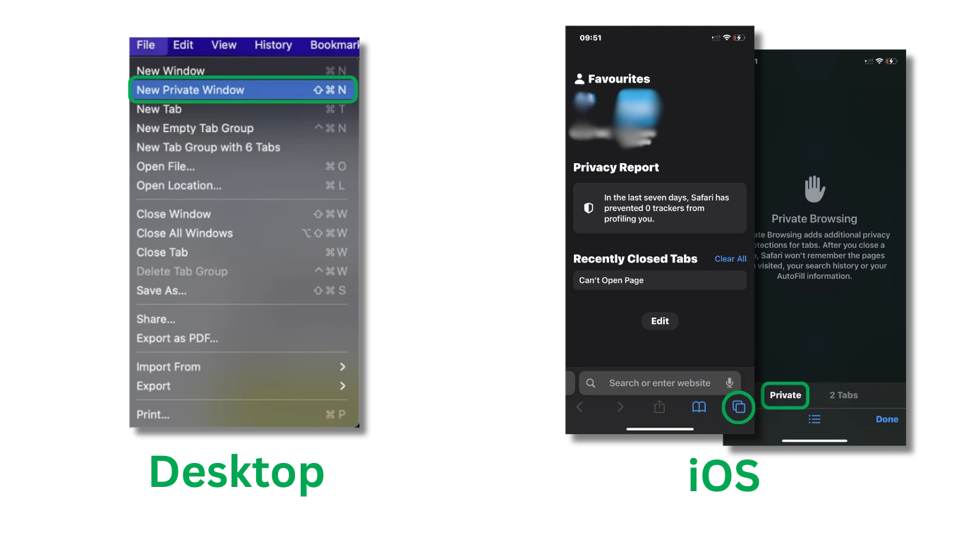 Safari على Mac مع فتح قائمة File وتحديد خيار New Private Window، وبجواره Safari على iOS مع تحديد مجموعة علامات التبويب Private.