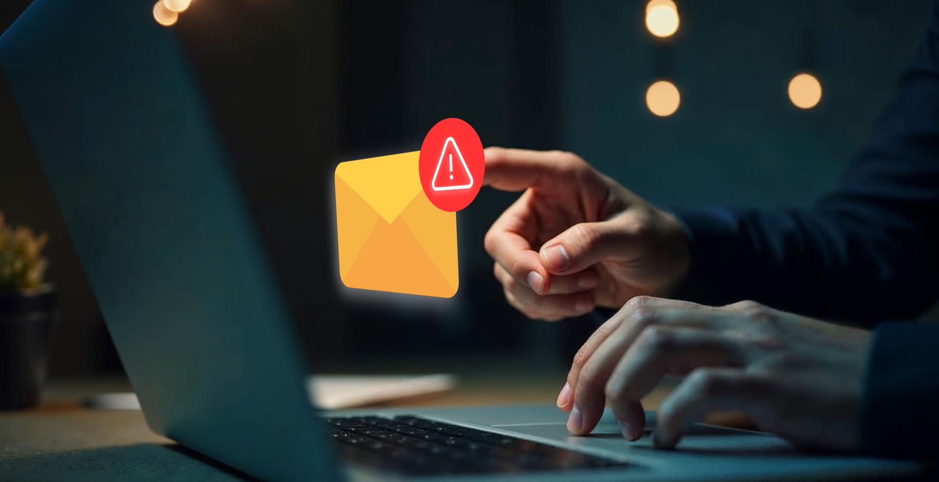 Person interacting with a suspicious email alert on a laptop