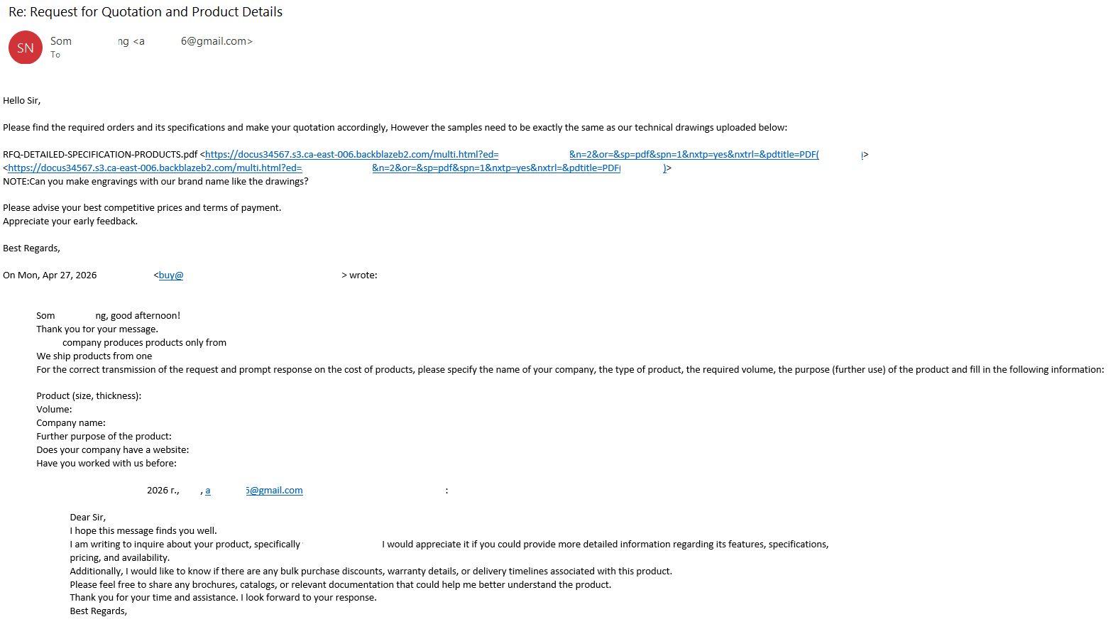 An example of a phishing email sent to the employees of manufacturing companies