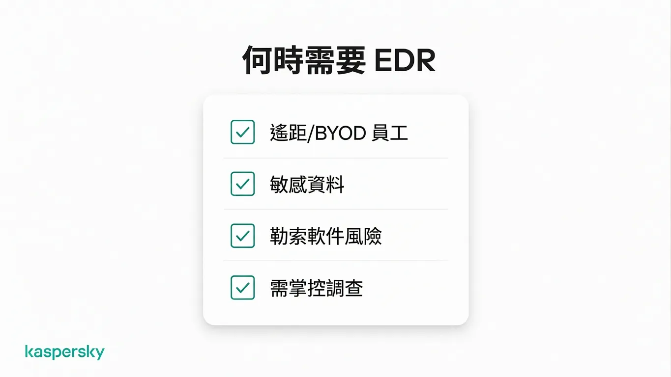 何時 EDR 對小型企業有意義:包含遠端工作、敏感資料與勒索軟件風險