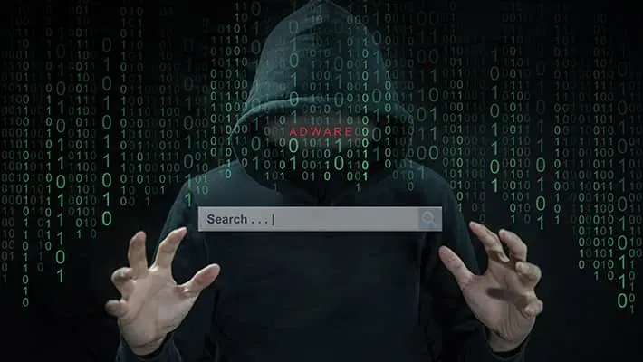 شكل مقنع خلف جهاز كمبيوتر محمول يعرض شريط بحث ، ويحيط به رمز ثنائي وكلمة "ADWARE" باللون الأحمر أعلاه.