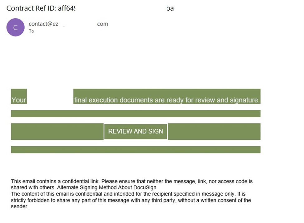 A phishing email imitating a notification from DocuSign