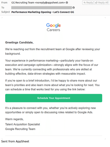 Example of a fake invitation to the interview
