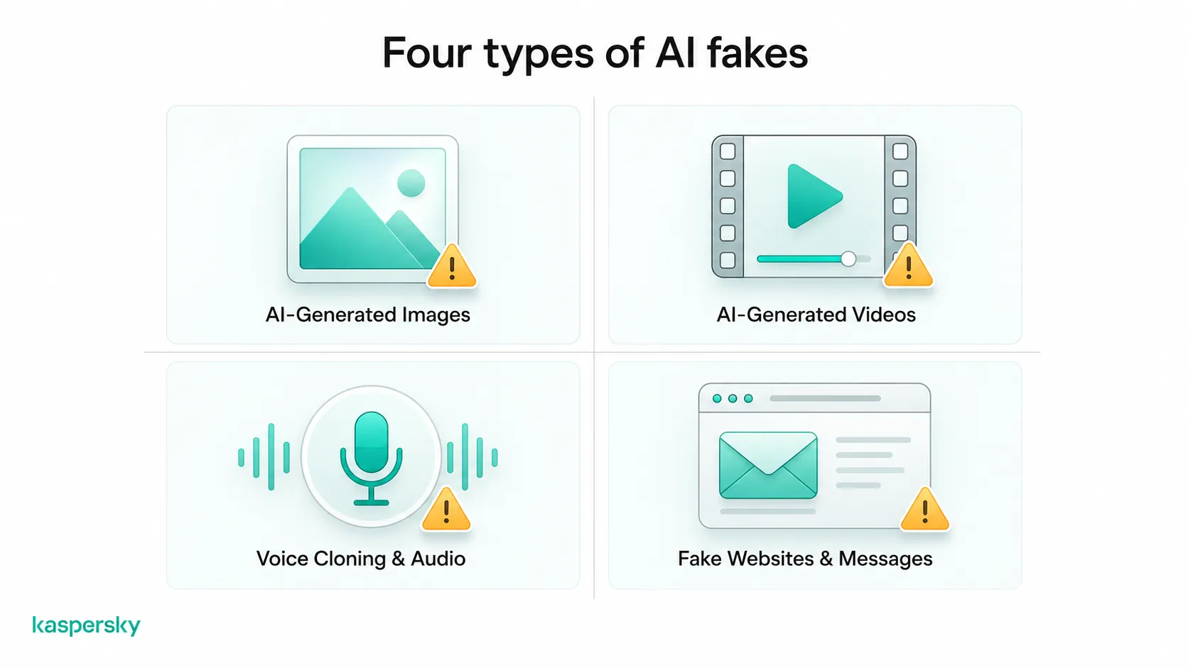 Four common AI fakes: images, videos, voice cloning, and fake websites