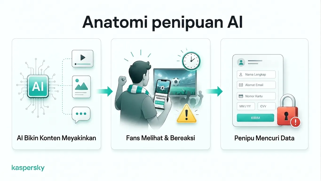 Diagram yang menunjukkan bagaimana penipuan Piala Dunia berbasis AI menipu penggemar agar membagikan data pribadi