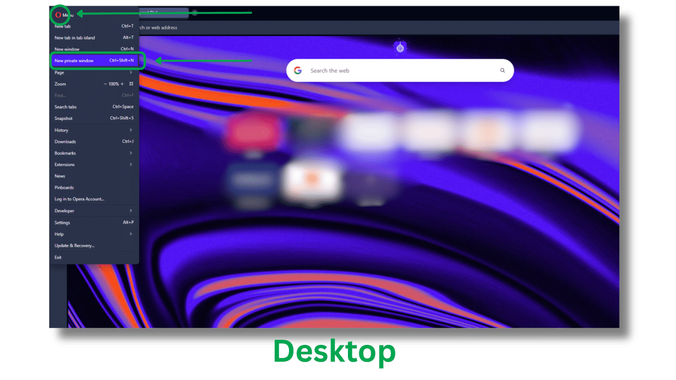 Opera on desktop with the Opera menu open and New Private Window highlighted.