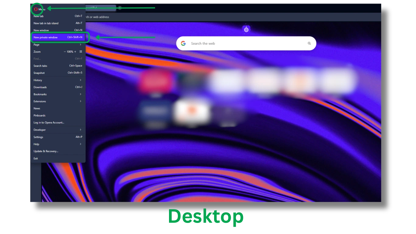 Opera على سطح المكتب مع فتح قائمة Opera وتحديد خيار New Private Window.