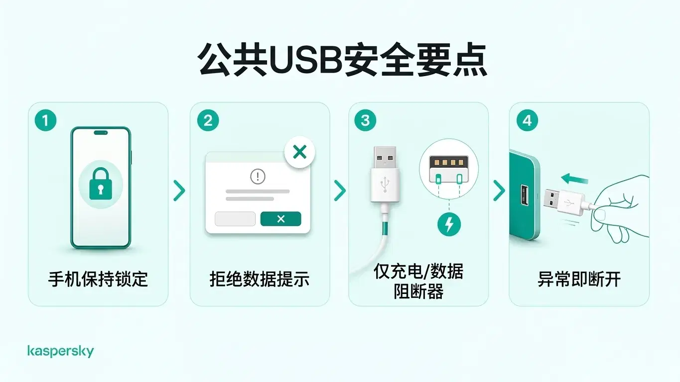 四条公共 USB 充电安全建议:锁定手机、拒绝数据请求、使用数据阻断器、发现异常立即断开