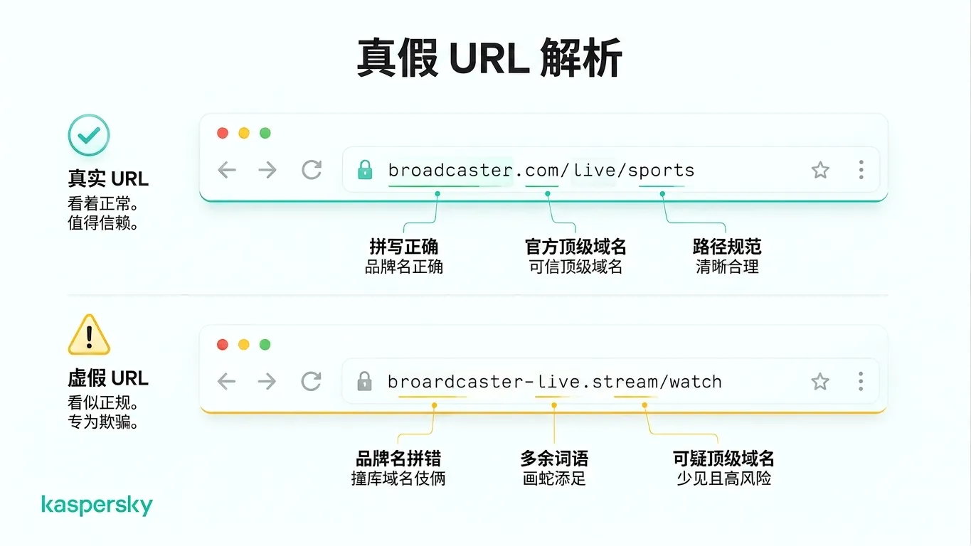真实与假冒世界杯直播 URL 的对比示例。