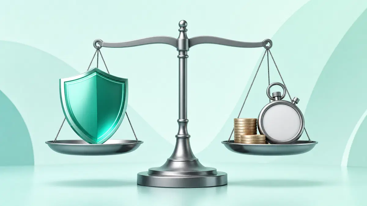 Balance scale weighing a security shield against coins and a stopwatch, illustrating key factors when choosing a VPN