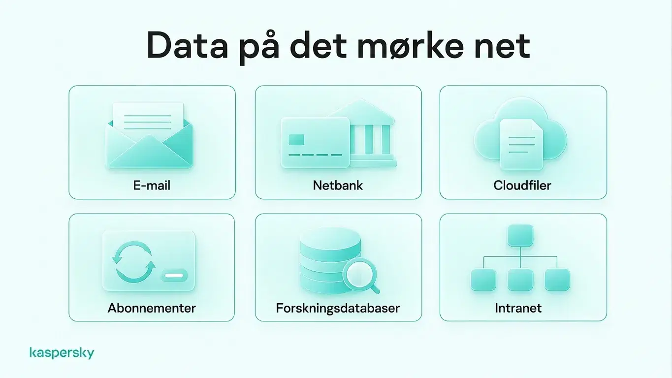 Eksempler på indhold i det dybe web: e‑mail, netbank, cloud‑lagring, abonnementer, forskningsdatabaser og intranets