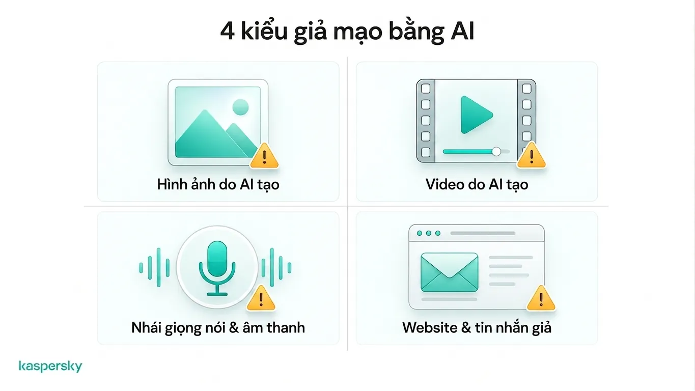 Bốn dạng giả mạo AI phổ biến: hình ảnh, video, giả giọng và trang web giả
