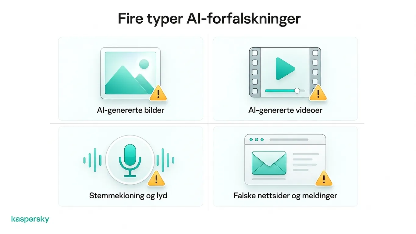Fire vanlige AI‑forfalskninger: bilder, videoer, stemmekloning og falske nettsteder