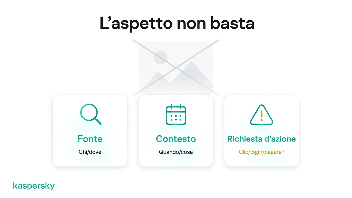 Tre controlli per contenuti online sospetti: verifica la fonte, il contesto e qualsiasi azione richiesta