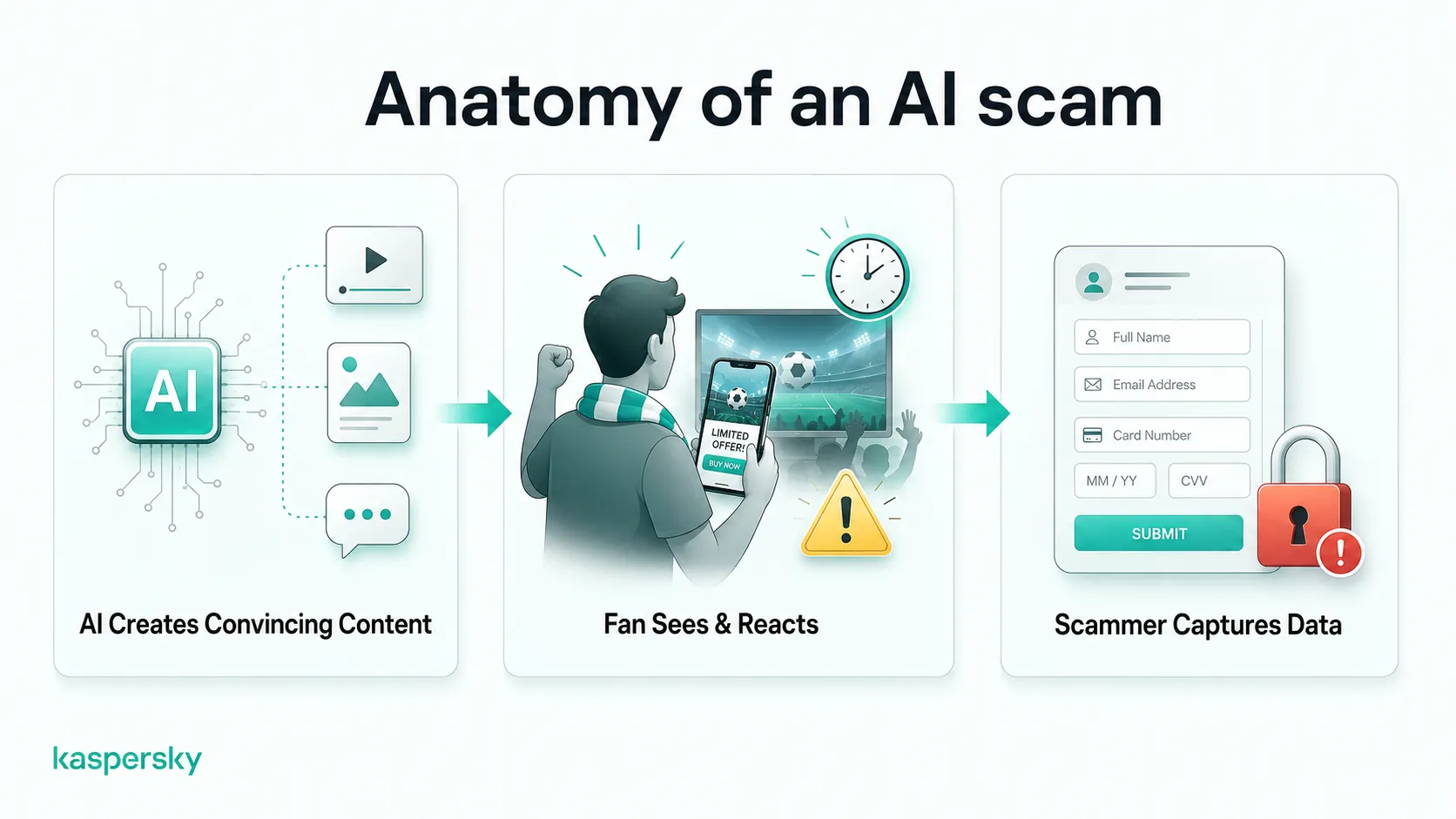 Diagram showing how AI-powered World Cup scams trick fans into sharing personal data