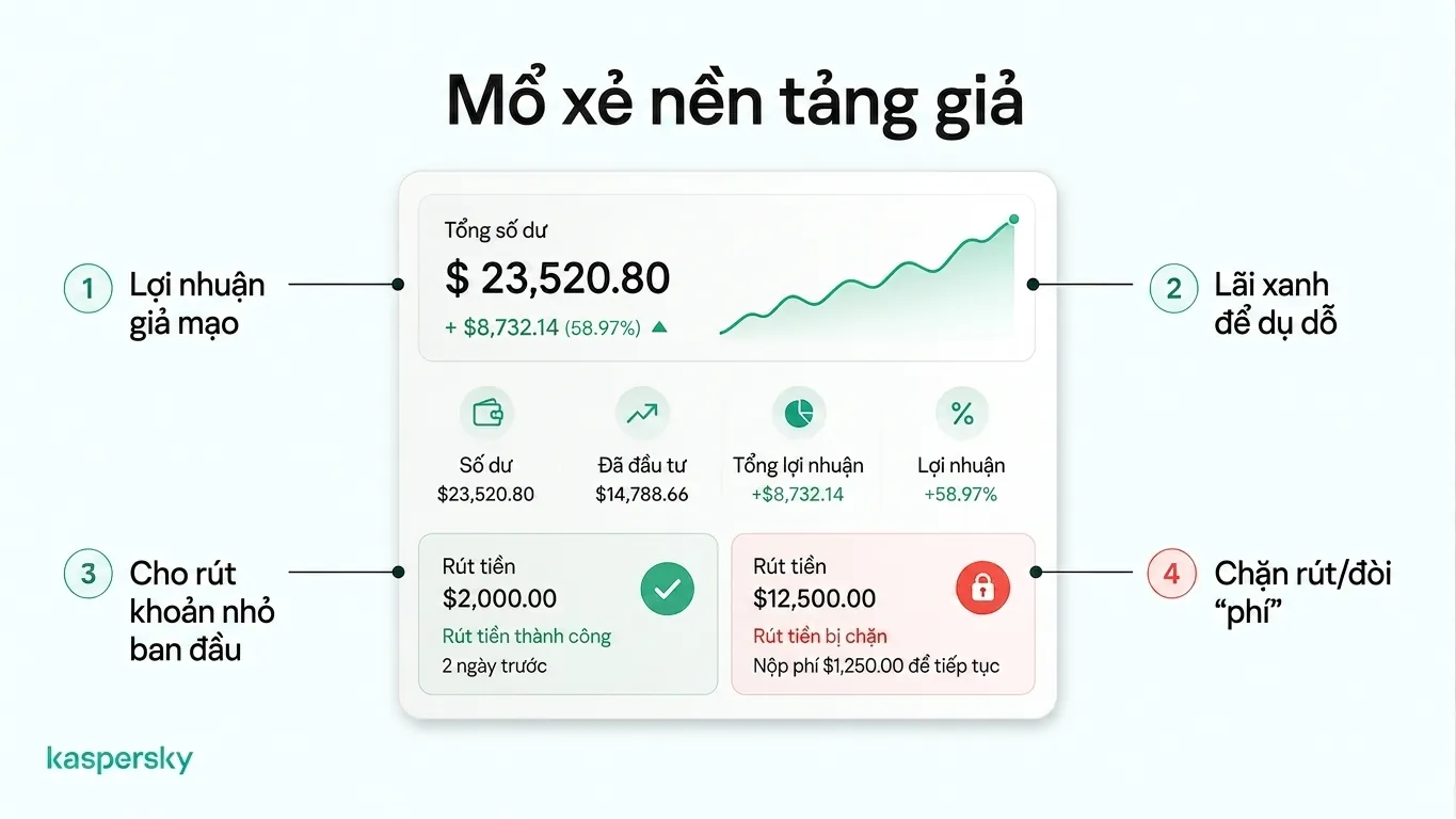 Nền tảng đầu tư giả hiển thị lợi nhuận bịa đặt, cho phép rút sớm, sau đó chặn rút lớn vì lý do phí