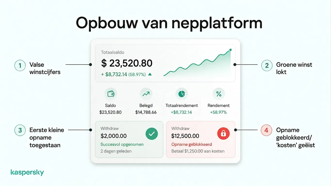 Nep‑beleggingsplatform met gefabriceerde winsten, een vroege opname en een grotere opname die door kosten wordt geblokkeerd