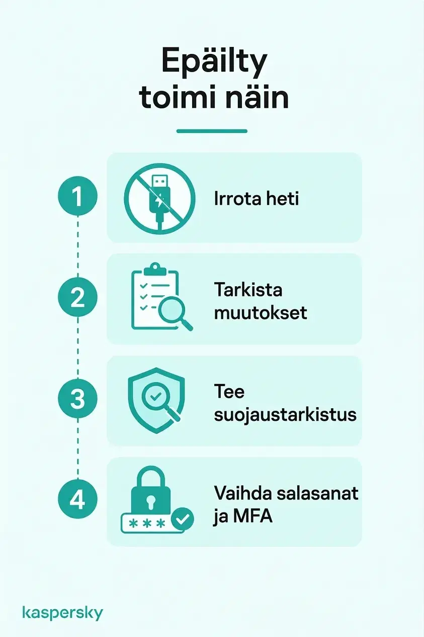 Neljä askelta epäillyn virtakaappauksen jälkeen: irrota, tarkista muutokset, suorita tietoturvatarkistus ja suojaa tilit