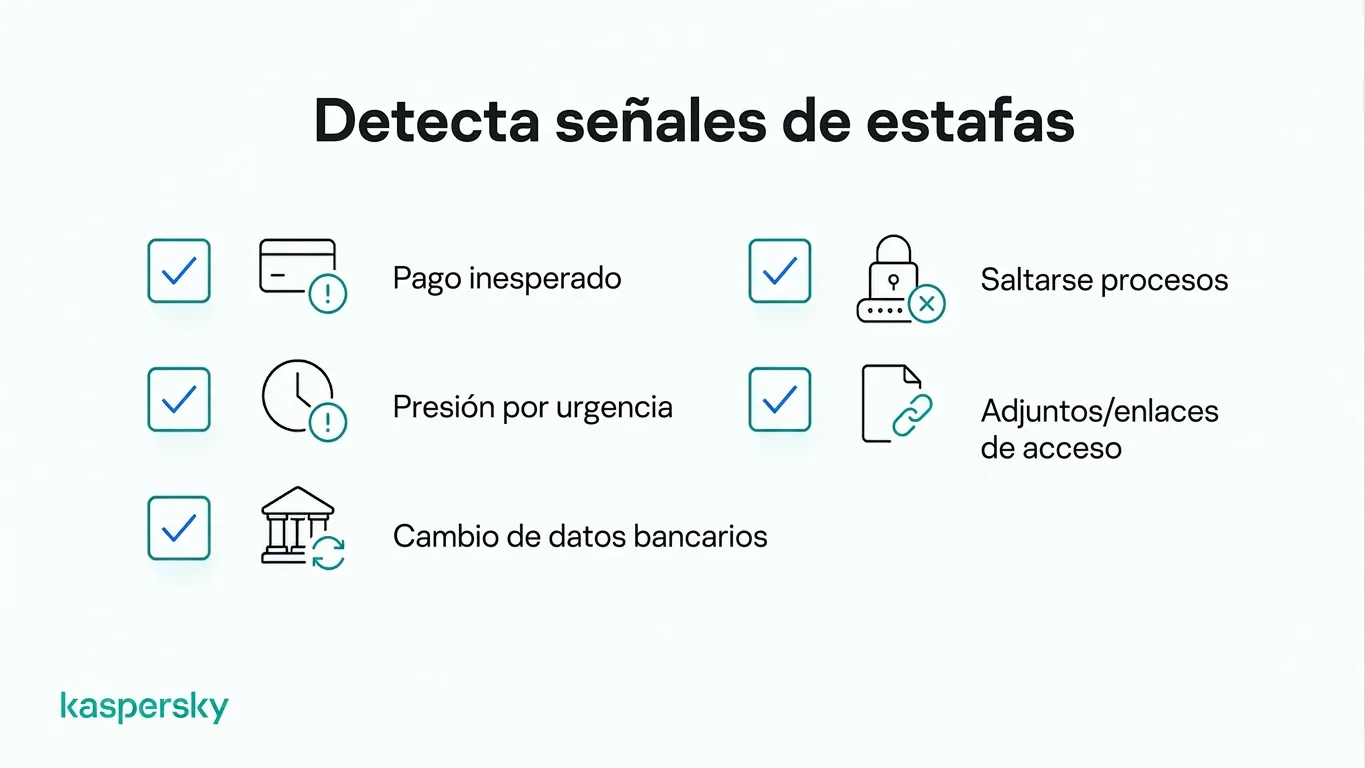 Señales de alerta habituales de estafas empresariales, como solicitudes de pago urgentes y enlaces sospechosos