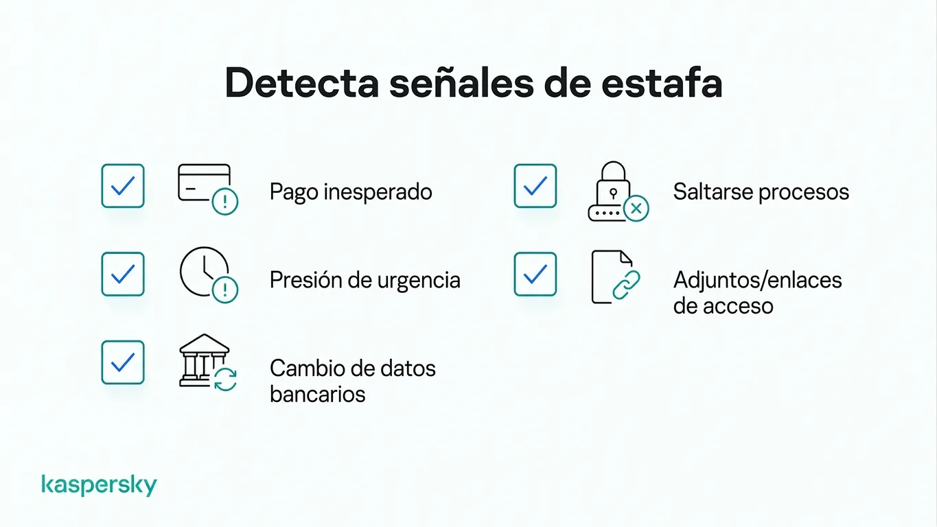 Señales de alerta comunes de estafas comerciales, como solicitudes de pago urgentes y enlaces sospechosos