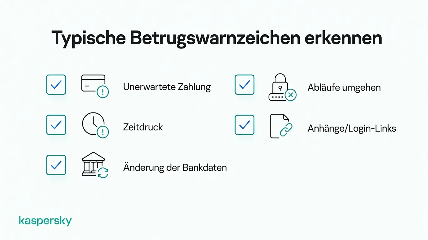 Häufige Warnsignale für Geschäftsbetrug, einschließlich dringender Zahlungsaufforderungen und verdächtiger Links