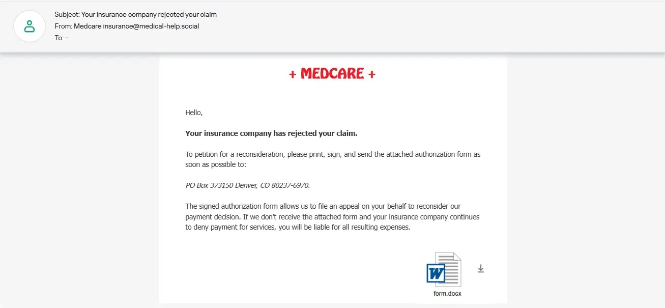 Screenshot from KASAP phishing simulator: Your insurance company has rejected your claim