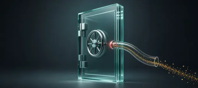 Digital vault being drained of money, representing financial fraud