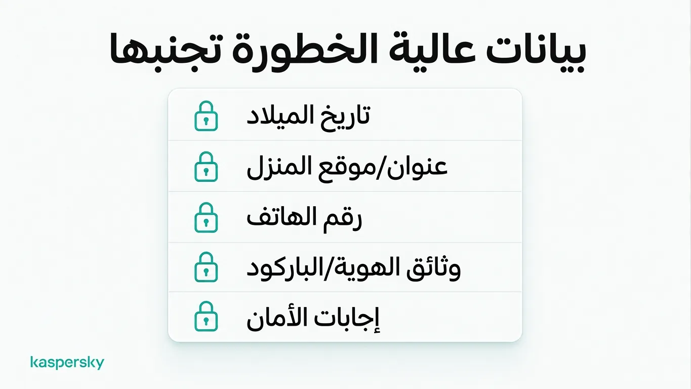 خمس تفاصيل عالية المخاطر تجنب مشاركتها على الإنترنت، بما في ذلك تاريخ الميلاد، الموقع، رقم الهاتف، وثائق الهوية، وإجابات أسئلة الأمان