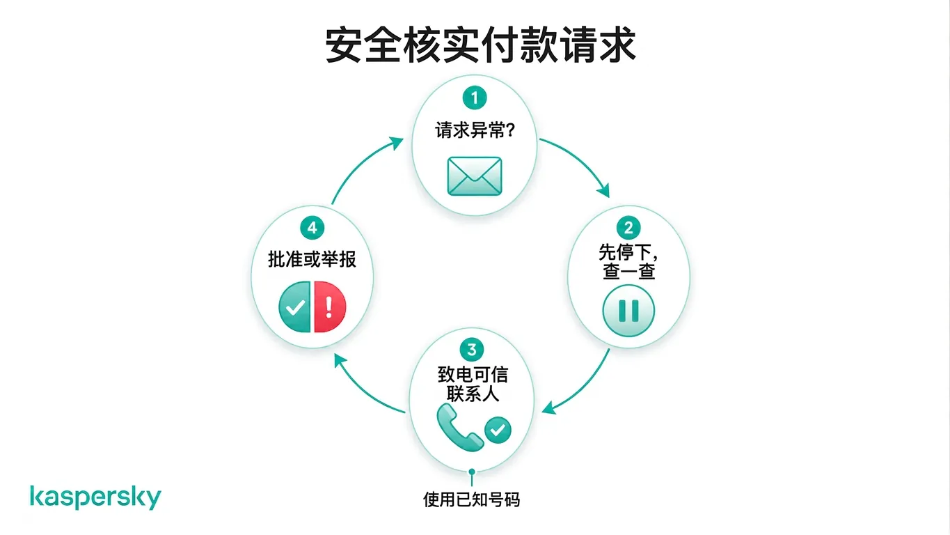用于安全核实异常企业付款请求的四步流程示意图