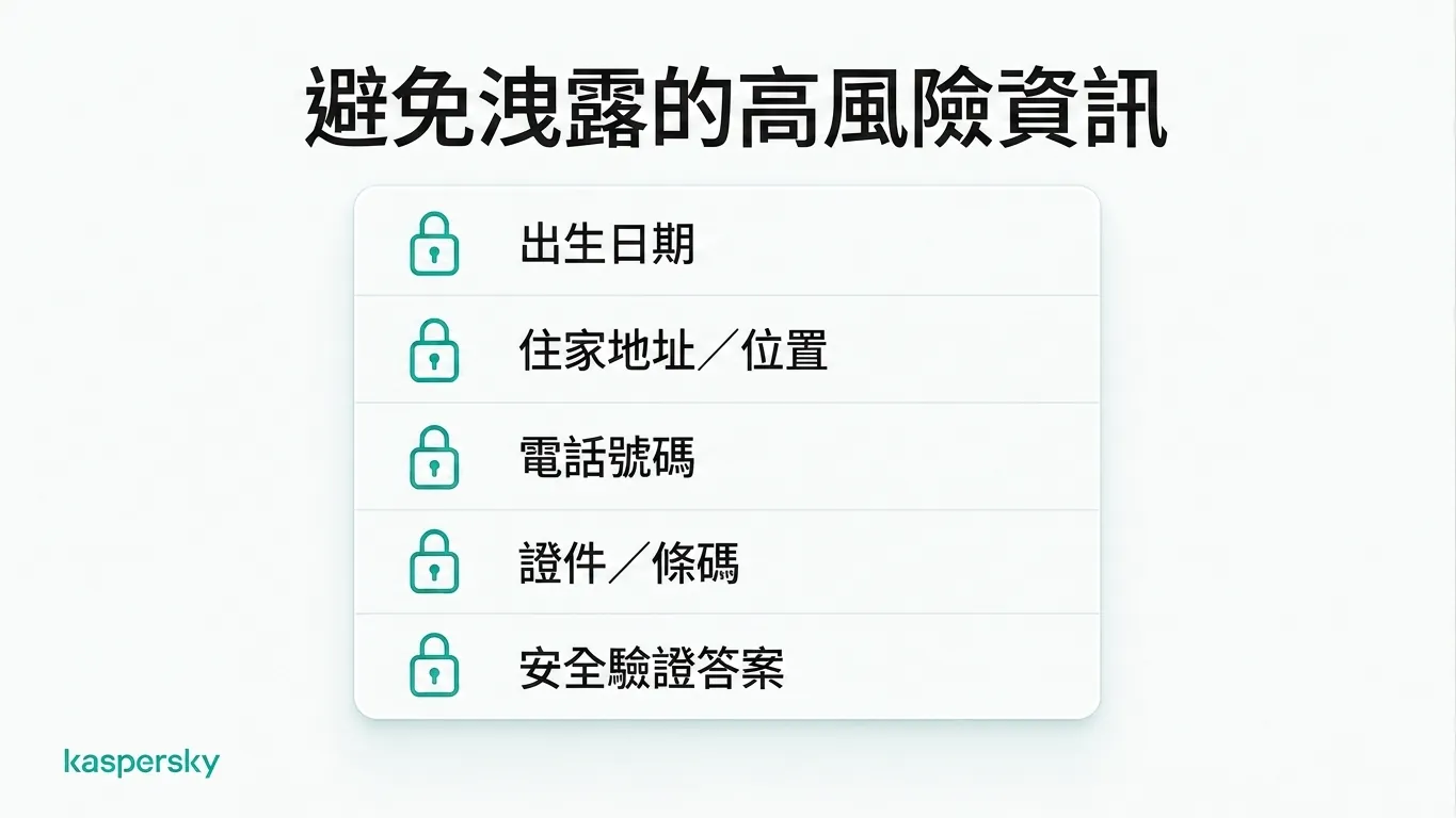 五項高風險細節應避免公開：出生日期、位置、電話號碼、身分證件資料與安全問題答案