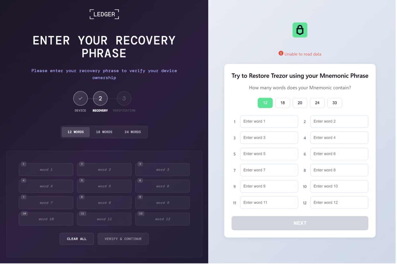 Phishing pages for seed phrase recovery used in OkoBot campaign
