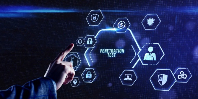 A finger pointing at a glowing digital screen, with 'Penetration Test' displayed at the center, surrounded by cybersecurity elements, such as shields and network icons