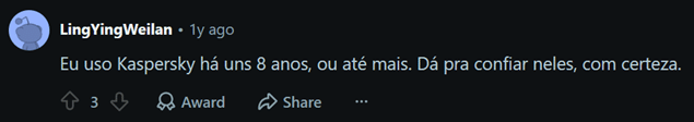 comentário positivo sobre a Kaspersky no Reddit