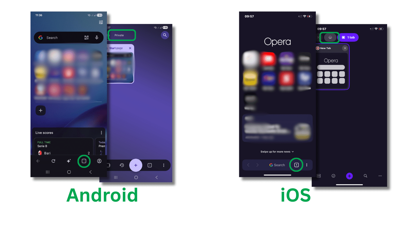 Opera on Android and iOS with the private tabs icon highlighted in the tab switcher.
