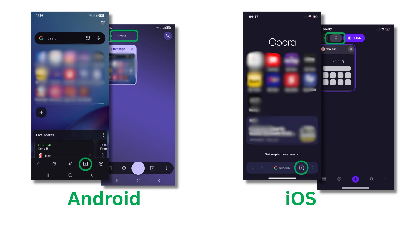 Opera على Android وiOS مع تمييز أيقونة علامات التبويب الخاصة في مُبدّل علامات التبويب.
