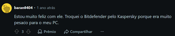 comentário positivo sobre a Kaspersky no Reddit