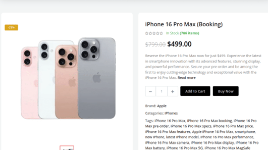 Example of a phishing page offering a new iPhone 16 Pro Max