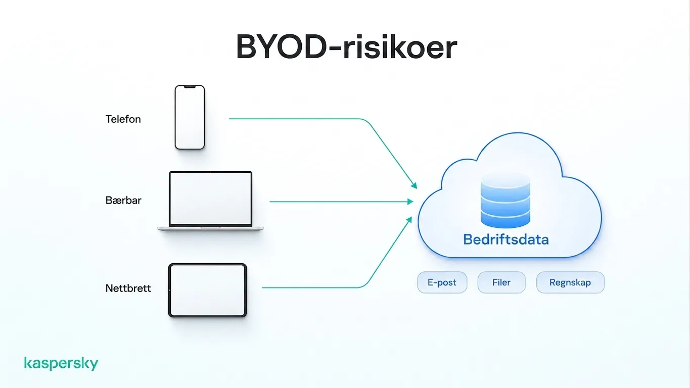Personlige telefoner, bærbare datamaskiner og nettbrett som har tilgang til delte forretningsdata i et BYOD-miljø