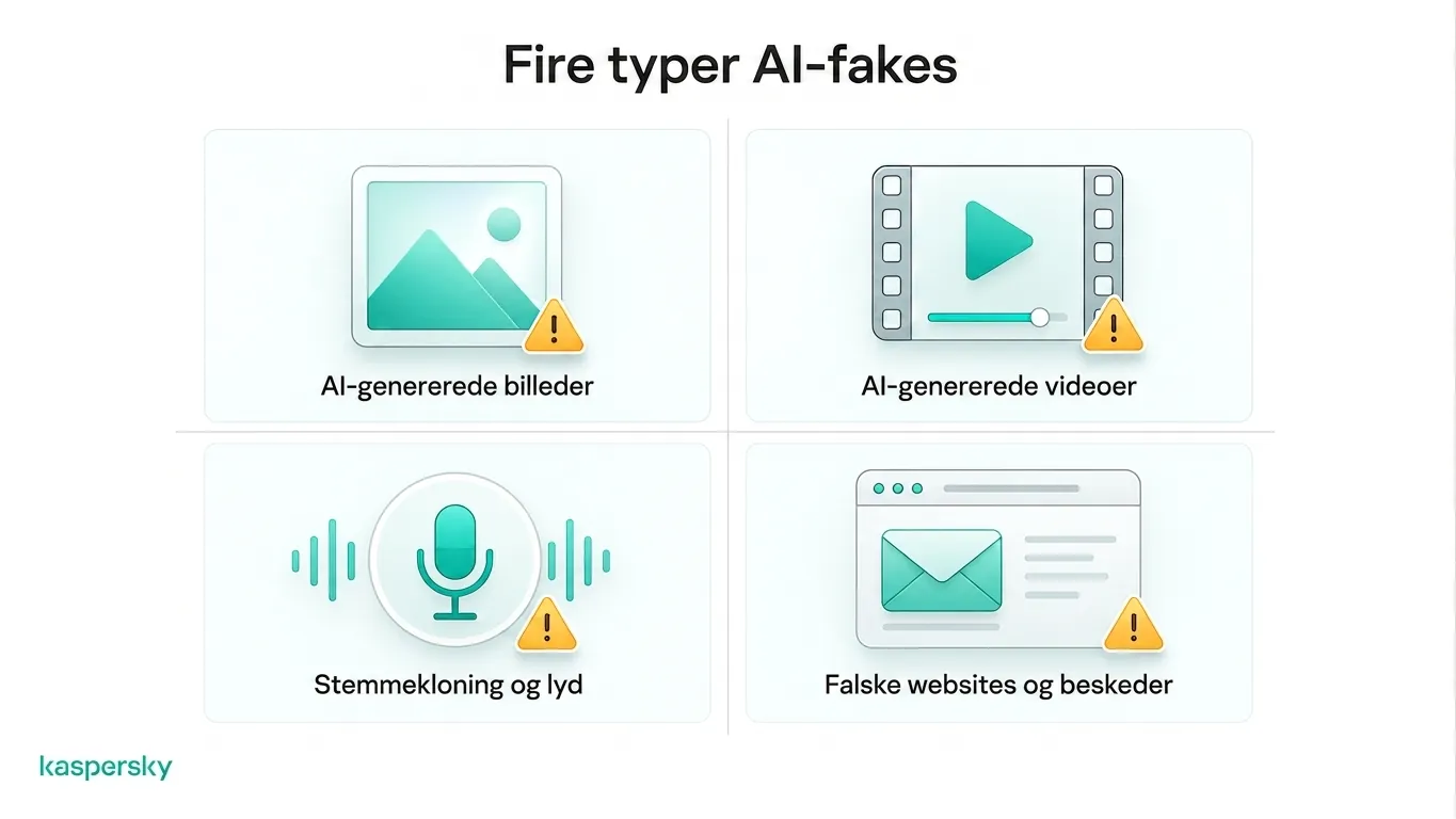Fire almindelige AI‑forfalskninger: billeder, videoer, stemmekloning og falske websites