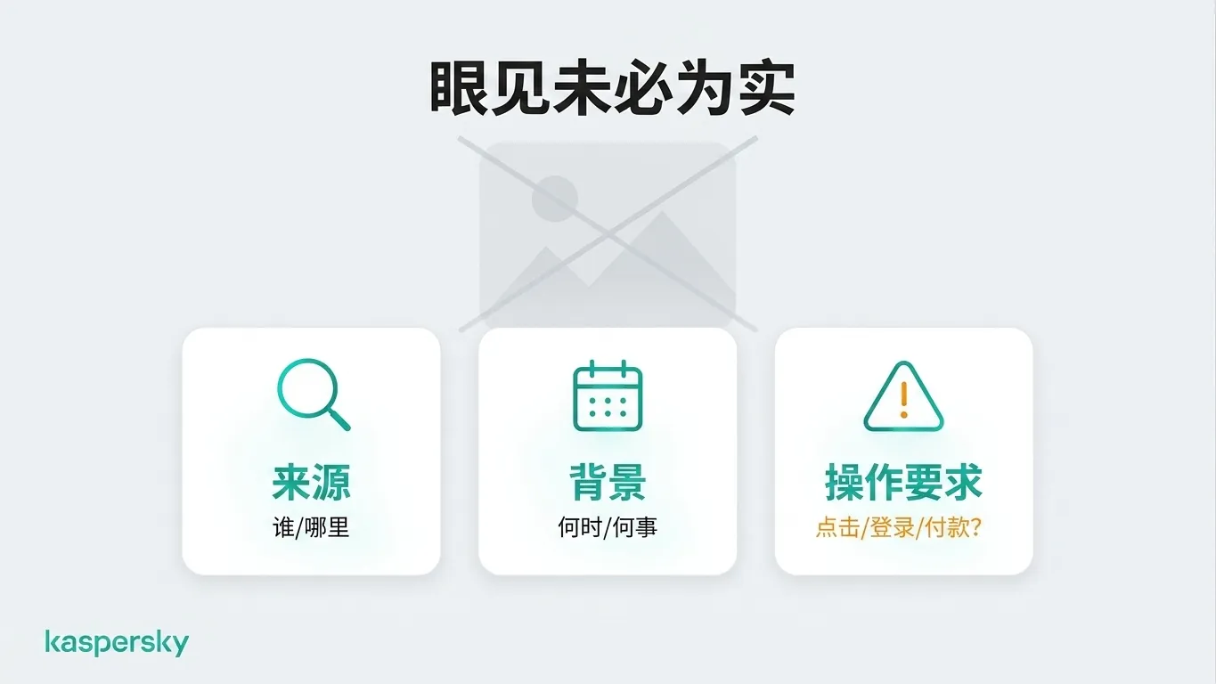 对可疑在线内容进行三项检查：核实来源、核查语境以及审视任何被请求的操作