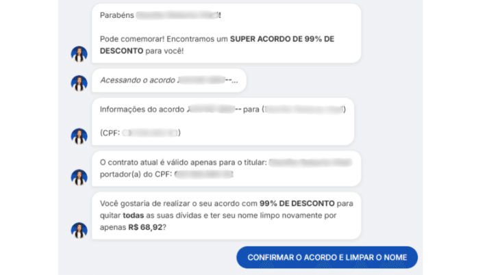 Chat com o suposto acordo da renegocia&ccedil;&atilde;o de d&iacute;vida no site fradulento